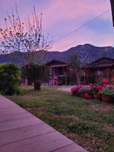 un patio con flores y una casa con una montaña en Ada Adrasan Hotel en Kumluca