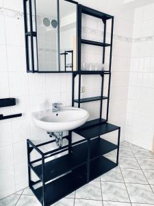 a bathroom with a sink and a mirror at Apartment im Gästehaus Matzmühle Ruhland (6-8 P.) in Ruhland