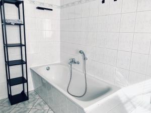 a bath tub with a shower in a bathroom at Apartment im Gästehaus Matzmühle Ruhland (6-8 P.) in Ruhland