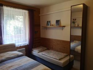 a bedroom with two beds and a mirror and a window at Horský apartmán Krkonoše in Vítkovice