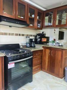 a kitchen with a black stove and wooden cabinets at Romantic Studio w/Jacuzzi 15 min Airport in Ensanche Los Minas