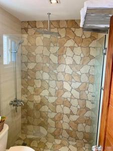 a bathroom with a shower with a stone wall at Romantic Studio w/Jacuzzi 15 min Airport in Ensanche Los Minas