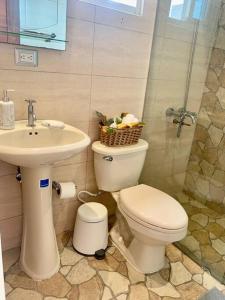 a bathroom with a toilet and a sink at Romantic Studio w/Jacuzzi 15 min Airport in Ensanche Los Minas
