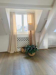 uma sala de estar com uma janela e um vaso de plantas em Maison d'Artiste em Gent