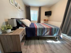 una camera con letto, scrivania e TV di Burrel Avenue Apartments a Cooperstown