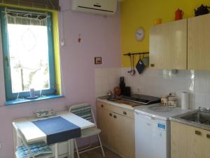 een kleine keuken met een wastafel en een raam bij Studio with garden near the sea in Koper
