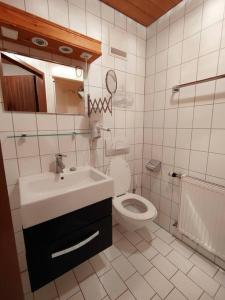 biała łazienka z umywalką i toaletą w obiekcie Zum Hüttenklaus - 12 Personen Gruppenunterkunft in den Bergen mit eigenem Badezuber w mieście Bad Hindelang