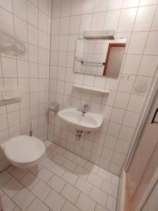 łazienka z toaletą i umywalką w obiekcie Zum Hüttenklaus - 12 Personen Gruppenunterkunft in den Bergen mit eigenem Badezuber w mieście Bad Hindelang