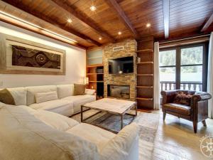 Una sala de estar con un sofá y una chimenea. en MONTGARRI de Alma de Nieve, en Naut Aran (Alto Arán)