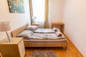una camera da letto con un letto con un cane steso sopra di ELITE CENTER APARTMAN a Szeged