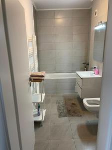 La salle de bains est pourvue d'une baignoire, de toilettes et d'un lavabo. dans l'établissement Apartament Ion Heliade, à Târgu-Mureş