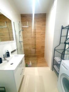 ein Badezimmer mit einer Dusche und einer Holztür in der Unterkunft Apartament Amber Dwie Sypialnie Stare Miasto in Elblag