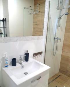 W łazience znajduje się biała umywalka i prysznic. w obiekcie Apartament Amber Dwie Sypialnie Stare Miasto w Elblągu