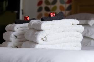 uma pilha de toalhas sentadas em cima de uma cama em Le Passagran em Boën