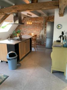 uma cozinha com um lavatório e um frigorífico em 't Brouwershuis em Leende