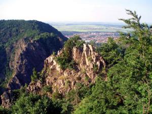 a view of a rocky mountain with trees and a city at Apartment 1 Langelsheim Harz in Langelsheim