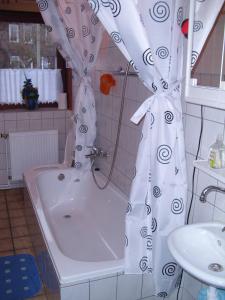 W łazience znajduje się wanna z zasłoną prysznicową. w obiekcie Apartment 2 Langelsheim Harz w mieście Langelsheim