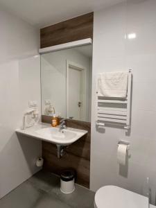 ein Badezimmer mit Waschbecken, Toilette und Spiegel in der Unterkunft Aparthotel Apartamenty Czarna Góra 414 in Heudorf