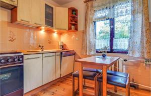 a kitchen with a table and a sink and a window at Amazing Home In Stezyca With 3 Bedrooms And Wifi in Stężyca