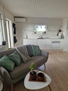 sala de estar con sofá y cocina en Liten stuga med fantastiskt läge en Tofta