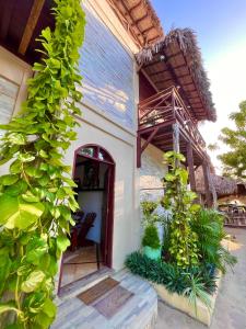 une terrasse couverte d'une maison ornée de plantes vertes dans l'établissement Residencial Bem-te-vi, à Jericoacoara