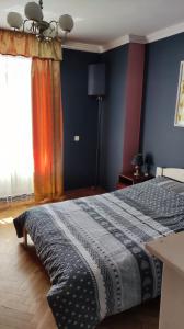 a bedroom with a bed with a blue wall at Dom Sula in Ustrzyki Dolne