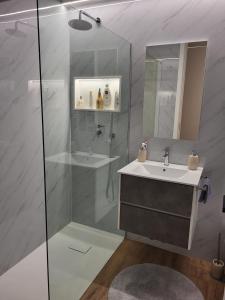 a bathroom with a sink and a shower at Apartamento Cinema para férias em Esposende in Esposende