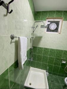 een groene betegelde badkamer met een wastafel en een douche bij Hustle's look in Wadi Musa