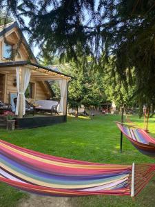 a hammock in a yard next to a house at Domki z jacuzzi Pasja I in Mizerna