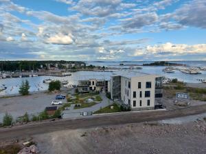 an aerial view of a harbor with boats in the water at Hanko Holidays in Hanko