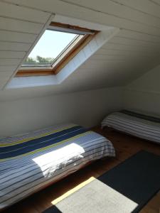 a attic room with two beds and a window at TY MERVENT, l'océan à 500 m in Saint-Jean-Trolimon
