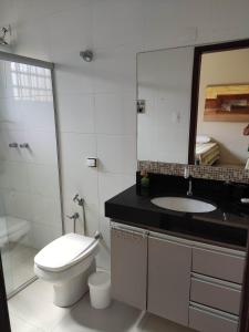 a bathroom with a toilet and a sink and a mirror at Casa temporada AURORA in São João Batista do Glória