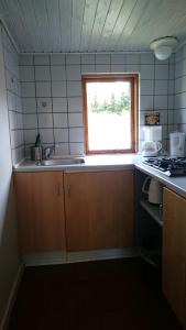 a small kitchen with a sink and a window at Daemningen at Gammel Rye in Ry