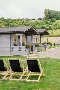 two chairs sitting in the grass in front of a house at Tobiaszówka in Kudowa-Zdrój