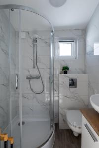 a bathroom with a shower and a toilet and a sink at Tobiaszówka in Kudowa-Zdrój