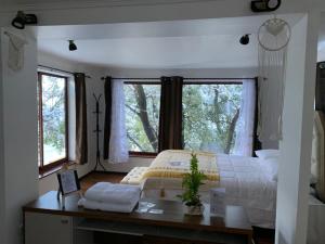 a bedroom with a bed and a desk and windows at BORDEMAIPO LODGE in San José de Maipo