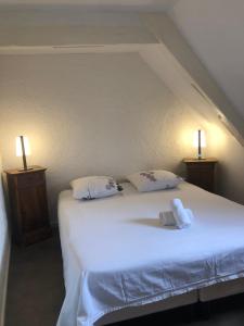 una camera con un letto bianco con due cuscini di Suites Residences Spa a Colmar