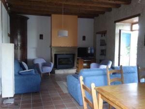 a living room with blue furniture and a fireplace at Gîte Clé des Champs in Saint-Laurent-en-Royans