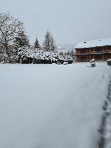 une route enneigée devant un bâtiment dans l'établissement Studio à Xonrupt proche du Lac, à Xonrupt-Longemer