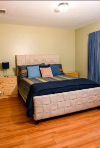 a bedroom with a large bed with blue pillows at GREAT 2 bedroom Condo,FREE parking,easy commute. in Irvington