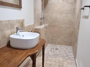 a bathroom with a white sink and a shower at Luxe et tranquillité au vert: maison 6 chambres, piscine, proche du Mans, idéale familles et groupes - FR-1-410-361 in Parigné-lʼÉvêque +27 photos