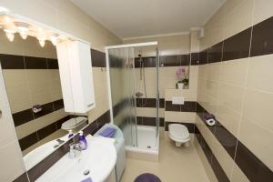 La salle de bains est pourvue d'un lavabo, d'une douche et de toilettes. dans l'établissement Apartments by the sea Promajna, Makarska - 17160, à Promajna