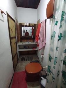 a bathroom with a toilet and a sink and a mirror at Hostel Mucugê in Mucugê