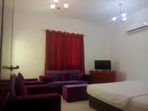 a bedroom with a bed and a couch and a tv at Oasis Hotel Apartment in Ras al Khaimah