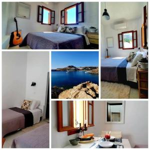 un collage de fotos de una habitación de hotel con camas en The Olive Tree Villa Lindos, en Lindos