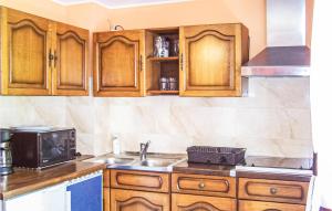 a kitchen with wooden cabinets and a sink and a microwave at Beautiful Apartment In Retowo 4 With 2 Bedrooms in Gardna Wielka