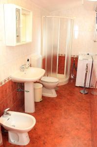 La salle de bains est pourvue d'un lavabo, de toilettes et d'une douche. dans l'établissement Apartments by the sea Moscenicka Draga, Opatija - 17381, à Mošćenička Draga