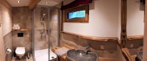 a bathroom with a shower and a sink and a toilet at Vorderkaseralm in Sankt Johann im Pongau