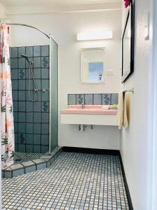 a bathroom with a shower and a sink and a mirror at Mid Valley Motel in Morwell