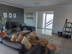 a living room with a couch and a tv at Flower Route House in Langebaan